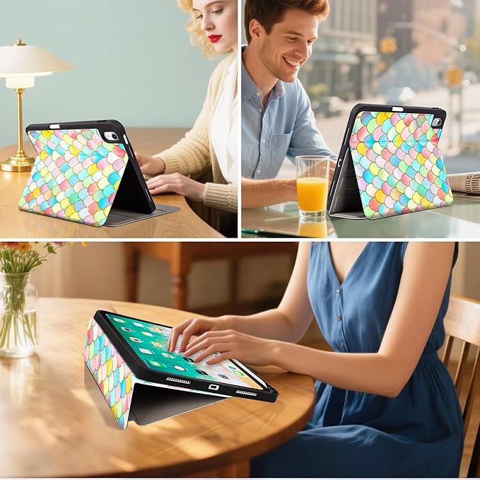 for iPad (A16) 11Th/10Th Generation Case 2025/2022, for iPad A16 Case 11Th/10Th Generation, 10Th/11Th Gen Slim Cover Pencil Holder & 4 Viewing Angles & Typing Stand, Colorful Pink Fish Scale