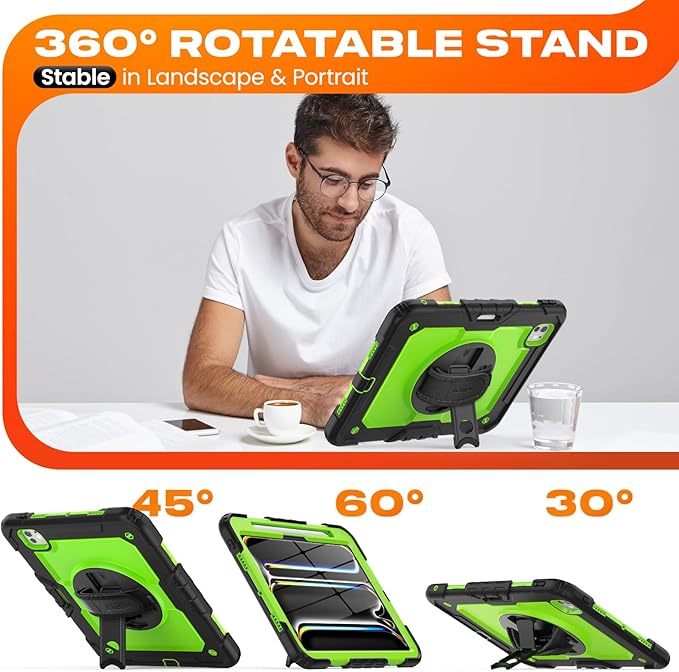SEYMAC stock Case for iPad Pro 11-inch M5-M4 2025-2024, Shockproof Heavy Duty Case with Screen Protector, Pencil Holder, Rotating Stand, Hand Strap, Shoulder Strap, Green