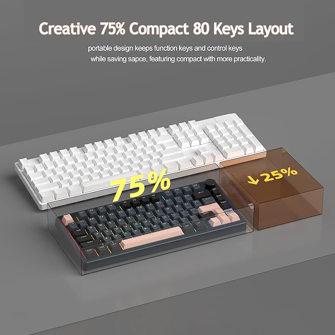 MageGee LIGHT75 Wireless Creamy Keyboard, Tri-Mode Bluetooth/2.4GHz/USB-C RGB Backlit, Gasket Hot Swappable Custom Gaming Keyboard for Win/Mac/PC, with Knob, 4000mAh Battery, Grey