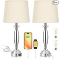 Seealle Beige Lamps for Bedrooms Set of 2 - Touch Control Bedside Lamp with USB C+A, 3 Way Dimmable Nightstand Lamps with USB Port, Table Lamp for Living Room(Beige Shade and Nickel Base)