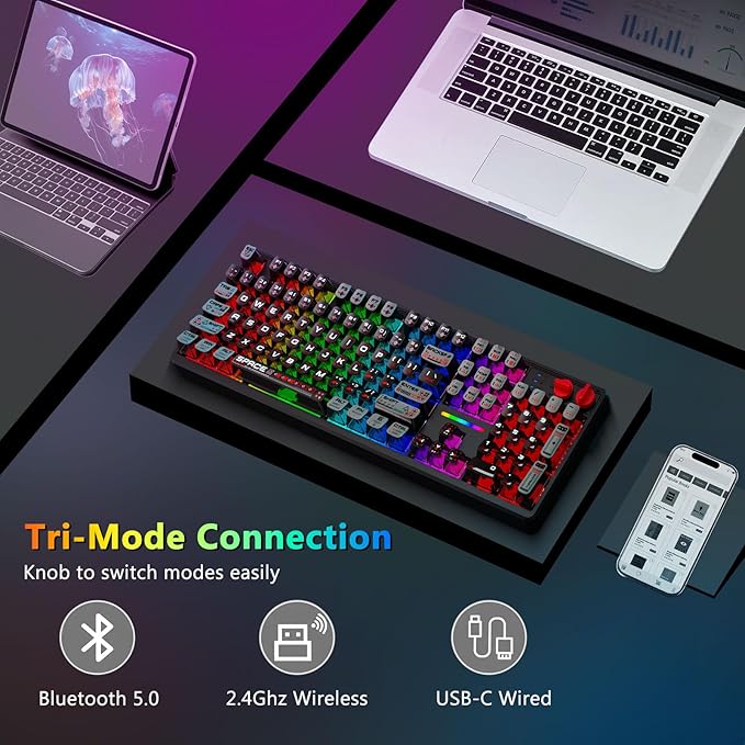 E-YOOSO Wireless Mechanical Keyboard Creamy, Bluetooth/2.4GHz/USB-C Wired, Hot Swappable Pre-Lubed Linear Switches, RGB Backlit, Cyber Mecha Style, Full Size Custom Gaming Keyboard for PC/Mac