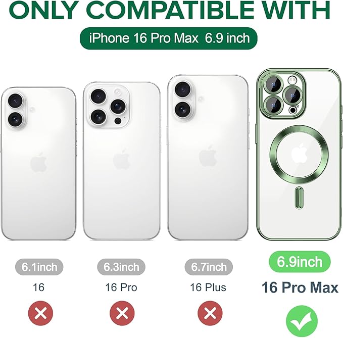 Hython Magnetic Clear for iPhone 16 Pro Max Case with Camera Lens Protector [Compatible with MagSafe] Plating Edge Slim Soft TPU Cover Protective Phone Case for iPhone 16 Pro Max 6.9", Deep Green
