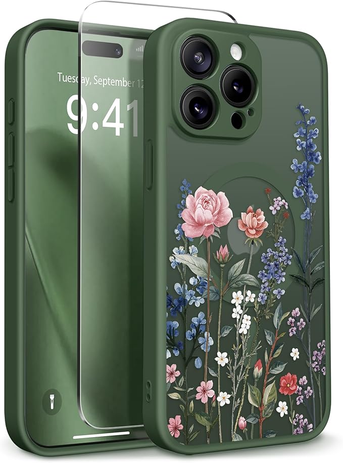 GVIEWIN for iPhone 15 Pro Max Case Compatible with MagSafe, [Military Grade Protection] [Screen Protector] Full Camera Protection Floral Translucent Women Magnetic Phone Case, Lush Garden/Forest Green