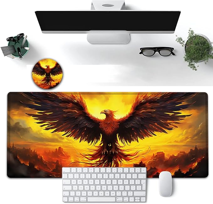 Large Mouse Pad, 31.5 x 11.8in Extended Gaming Mouse Pad with Stitched Edges, XXL Mousepad Protector Non Slip Rubber Base for Office and Home Writing Mat, Anime Phoenix Bird Pattern Desk Mat