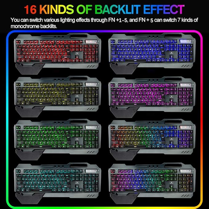 Wireless Gaming Keyboard and Mouse,RGB Backlit Rechargeable Keyboard Mouse with 5000mAh Battery Metal Panel,Removable Hand Rest Mechanical Feel Keyboard and 7 Color Gaming Mute Mouse for PC Gamer