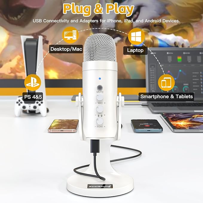 ZealSound Podcast Microphone for iPhone PC & Android, Noise Cancellation Mic with Gain Knob, Volume Adjustment & Mute Button, Monitor & Echo, for ASMR Podcasting Recording YouTube & TikTok - K66 White