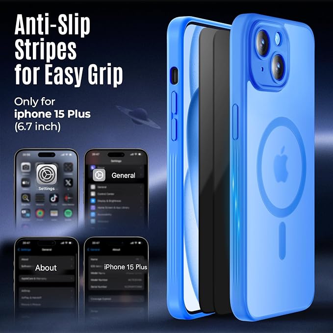 Symcele Designed for iPhone 15 Plus Case, Compatible with MagSafe, with Privacy Screen Protectors X2, [Camera Protection] [15FT Military Drop Protection] Shockproof Phone Case, 6.7", Blue