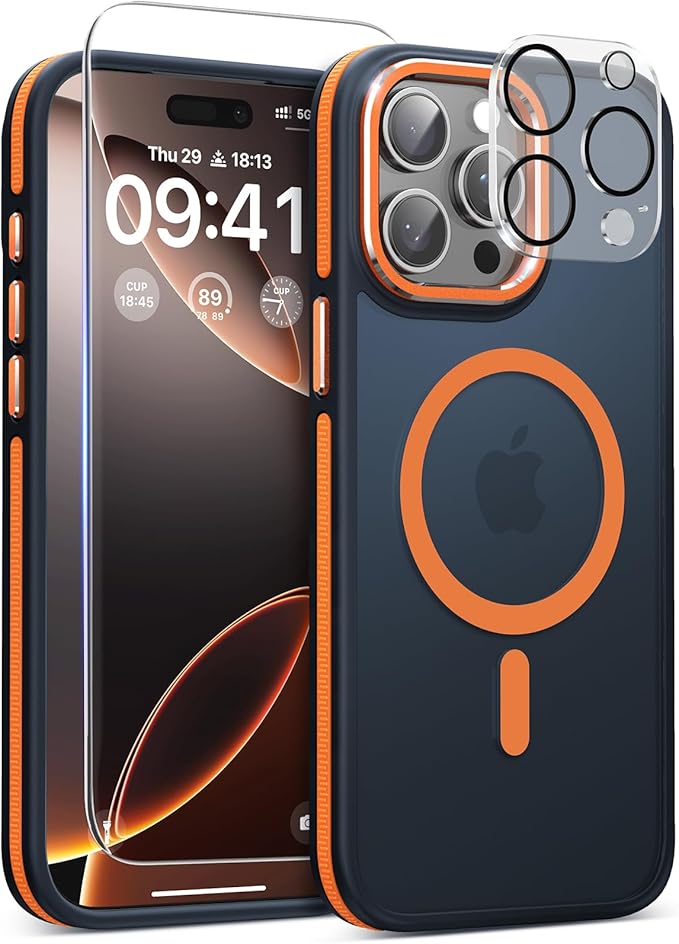 Magnetic 3 in 1 for iPhone 15 Pro Max Case,[Omni-Directional Protection] with 1x Screen Protector +1x Camera Cover,[Seamless Work with Magsafe] Protective Silm Case for iPhone 15 Pro Max Cosmic Orange