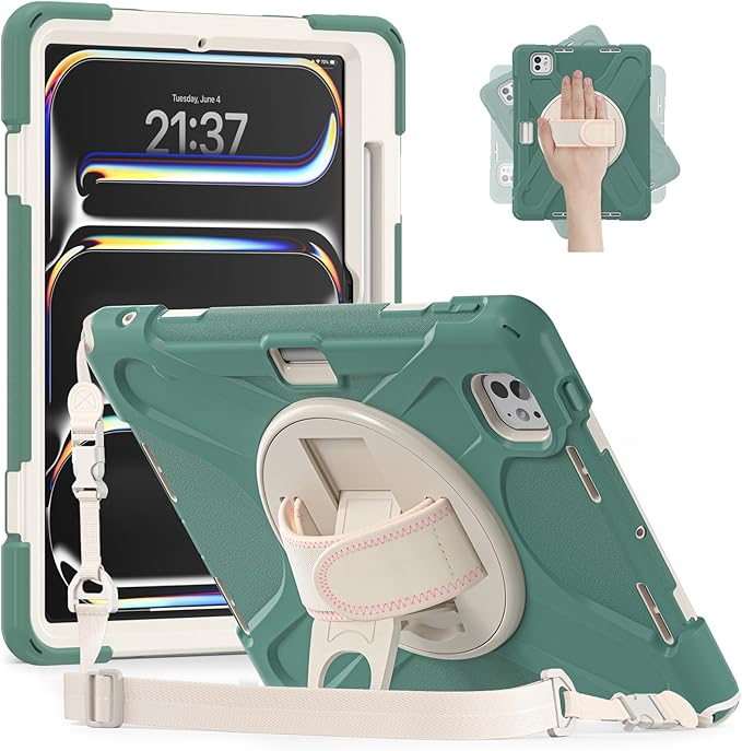 Batianda Case for New iPad Pro 11-inch 2025 M5 2024 M4 Chip Heavy Duty Rugged Durability Silicone Tablet Cover with 360° Rotating Hand Strap Foldable Hidden Stand & Shoulder Strap, Sea Green