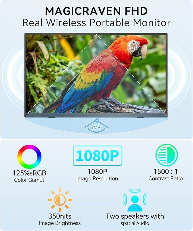 MAGICRAVEN Wireless Portable Monitor for Laptop, 15.6" Portable Monitor with Battery-1080P FHD Second Screen for Home & Office, AirPlay & Miracast Casting, No Cables or Drivers Needed(with Stand)
