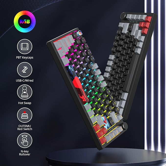 Fogruaden 75% Wired Mechanical Gaming Keyboard - 75 Percent TKL Hot Swappable Gasket Mount, Red Switch, RGB Backlit 82 Keys, NKRO Compact with Knob (Dark)