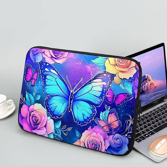 Butterfly Computer Sleeve for Women Laptop Sleeve 12inch Neoprene Lap Top Case with Padded Compartment Computer Carrying Case Purple Rose Laptop Sleeve Bag