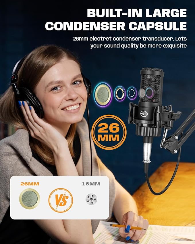 XLR Podcast Microphone, Professional Cardioid Studio Condenser Microphone XLR with 26mm Large Diaphragm for Recording, Streaming, Gaming, ASMR, Computer PC Mic Kit with Boom Arm, Pop Filter