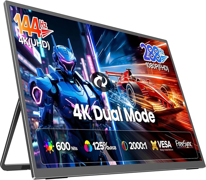 UPERFECT Portable Monitor 27”, Dual Mode 4K UHD 144Hz/FHD 288Hz Gaming Monitor, 0.1ms FreeSync, 600 Nits, 125% sRGB, USB-C & HDMI 2.1 & DP 1.4, Large Second Screen for Laptop, Computer, Game Consoles