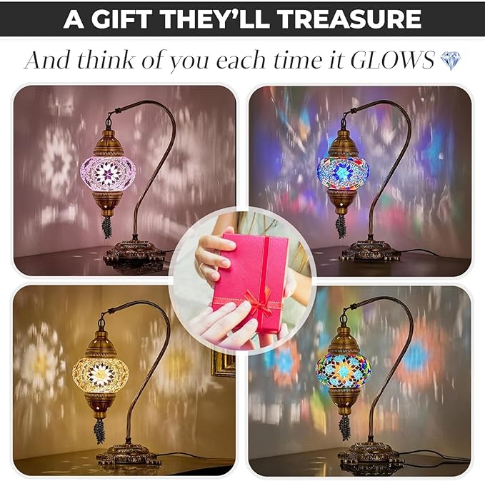 DEMMEX Turkish Moroccan Mosaic Table Lamp – Handcrafted Tiffany-Style Colorful Glass Swan Neck Bedside, Desk, Table Light, Boho Artisan Accent Lighting for Bedroom or Living Room – 15" H, Turquoise