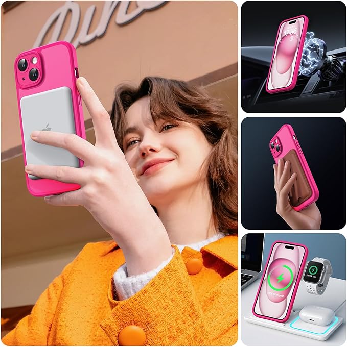TOCOL for Phone 15 Case, Compatible with Magsafe Charger, Full Camera Protection, Drop Protection, Translucent Matte Phone Case for iPhone 15 6.1 inch (Hot Pink)