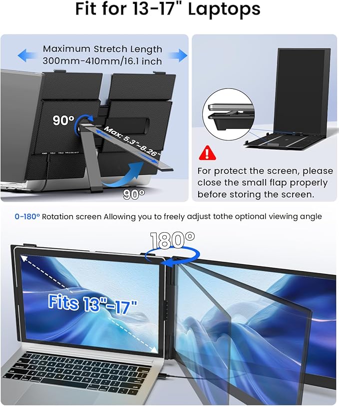 Cevaton Laptop Screen Extender, 14.1" Ultra-Slim & Lightweight Portable Monitor for 13"-17" Laptops, 1080P FHD Dual Monitor, One Cable Connection, Compatible with Wins/Mac/Android/Linux/Chrome