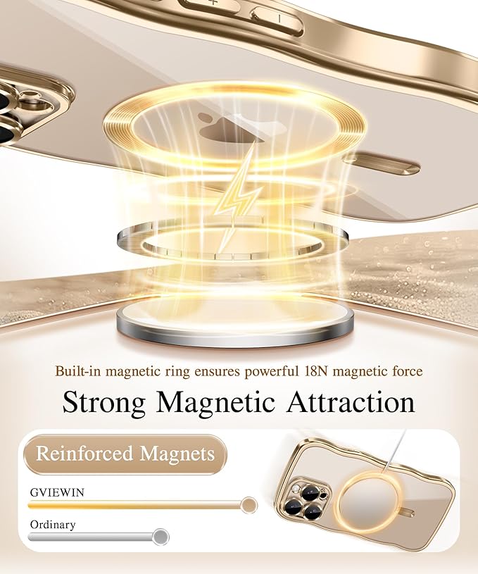 GVIEWIN for iPhone 16 Pro Max Case Compatible with MagSafe, Upgraded [Full Camera Protection][Cute Wave Frame][Military Grade Protection] Electroplated Soft Phone Cover for Women Girl, Clear/Gold