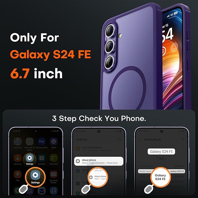 TOCOL Magnetic for Samsung Galaxy S24 FE Case, [15FT Military Grade Protection] [Compatible for Mag-Safe] Translucent Matte Hard Back for Galaxy S24 FE 6.7 Inch, Midnight Purple