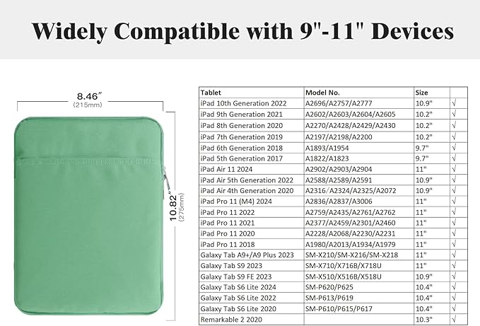 TiMOVO 9-11" Tablet Sleeve Bag for iPad 11-inch A16 2025, iPad 10.9"/10.2"| Air 11 Inch/5th/4th Gen. 10.9", Galaxy Tab A9+/A11Plus 11", Protective Bag Fit Smart Keyboard, Bodhi Green