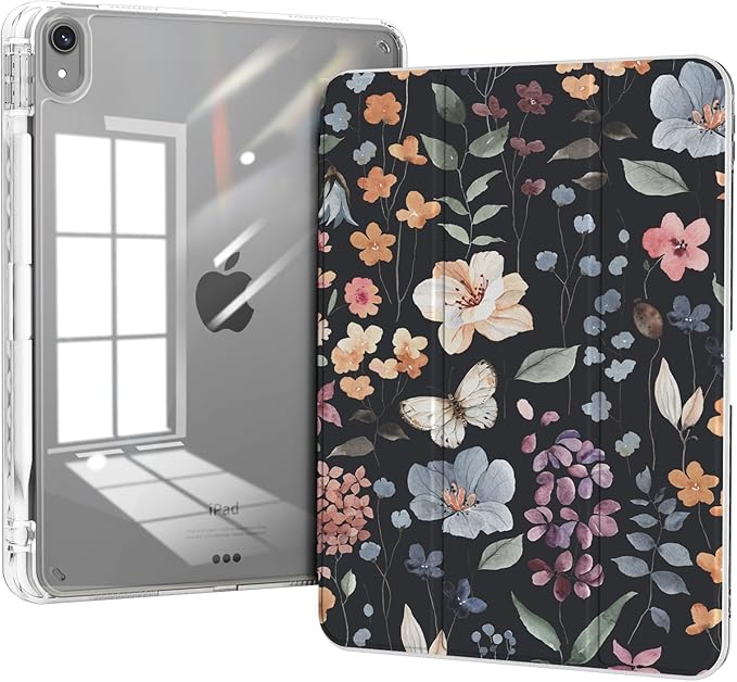 Slim Case for iPad Air 11 Inch M3 (2025)/ M2 (2024), iPad Air 10.9" 5th/4th Generation Case 2022/2020 with Pencil Holder, Trifold Stand Protective Clear Back Cover, Black Flowers