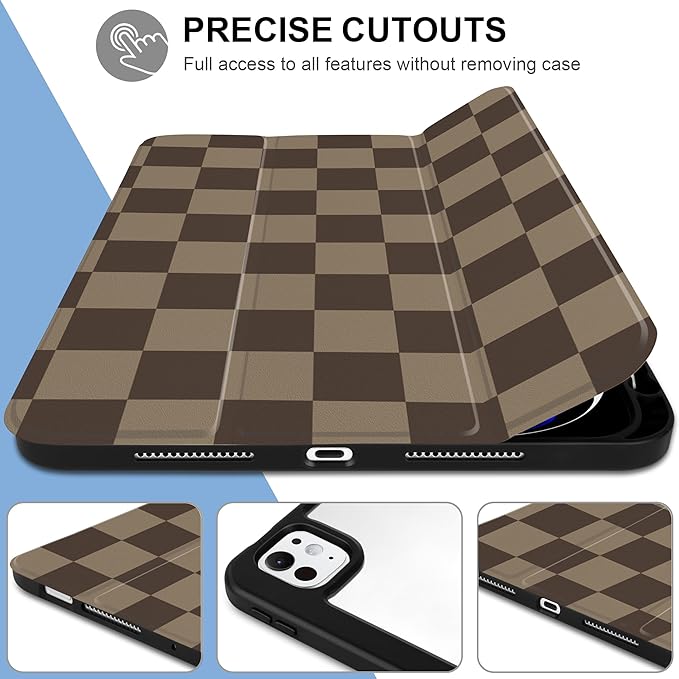 TWOLSKOO Case for iPad Pro 11-inch (M5 2025 / M4 2024), Clear Acrylic Back with TPU Bumper, Pencil Holder, Trifold Stand, Auto Sleep/Wake, Brown Checkerboard