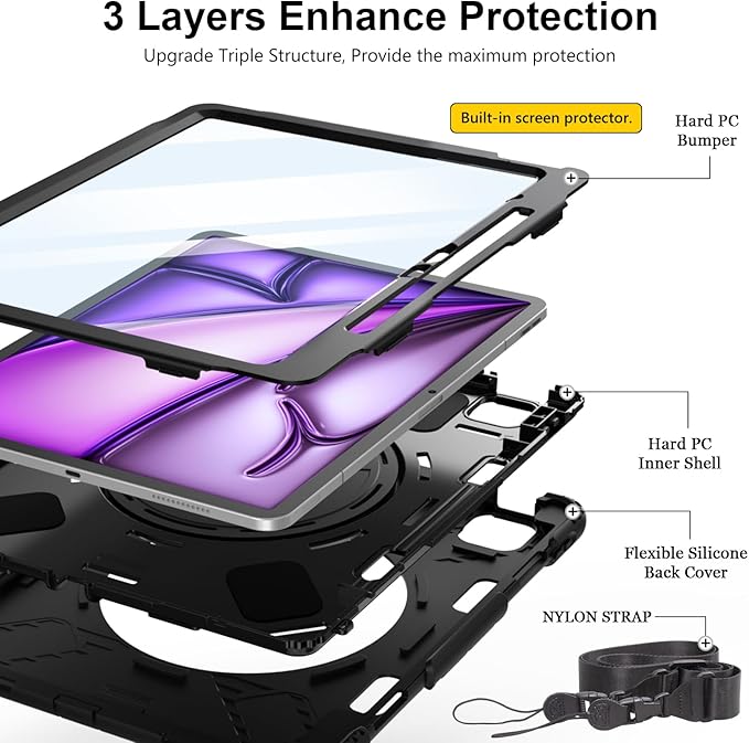 Case for iPad Air 13 Inch M4/M3/M2 (2026/2025/2024): Silicone Shockproof Case with Screen Protector - Stand - Handle - Shoulder Strap - Pen Holder- Black