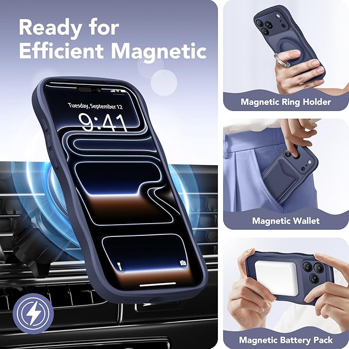 CAPRARO Magnetic for iPhone 17 Pro Max Case for Women Girls, Upgraded [Full Camera Protection] [Compatible with MagSafe] Cute Wave Translucent Matte Phone Case for iPhone 17 Pro Max, Dark Blue