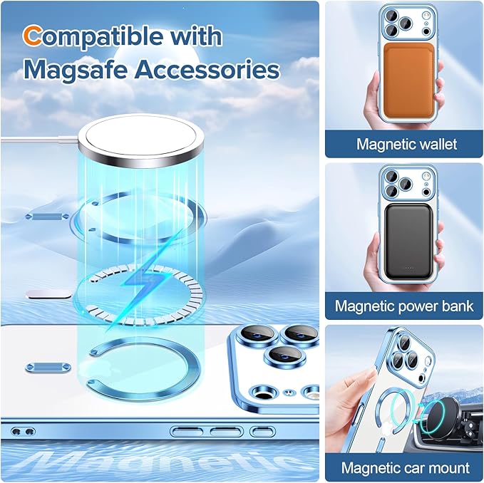 Hython Magnetic Clear for iPhone 17 Pro Case with Camera Lens Protector [Compatible with MagSafe] Luxury Plating Edge Slim Soft TPU Cover Protective Phone Case for iPhone 17 Pro 6.3", Light Blue