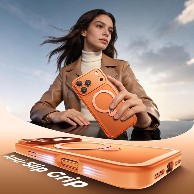 for iPhone 17 Pro Max Case [ 360° Spin Magnetic Stand] [Full Camera Protection] Compatible with Magsafe, 15FT Military-Grade Protection, Translucent Anti-Slip Phone Case 6.9'', Cosmic Orange