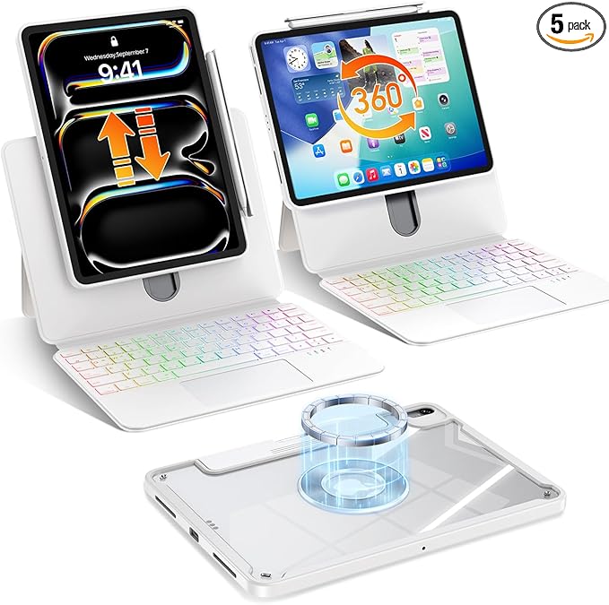 Keyboard Case for iPad Pro 11 Inch (M5/M4) 2025/2024, Clear Detachable Magnetic 360 Rotatable & Liftable Cover, 7-Color Backlit, Native Gesture Trackpad, 180 Kickstand, White