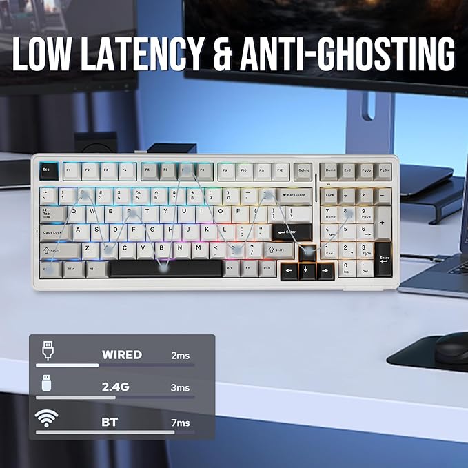 EPOMAKER x Aula F99 Wireless Mechanical Keyboard, Hot Swappable Gasket Custom Gaming Keyboard with Five-Layer Padding, BT/2.4GHz/USB-C, 8000mAh Battery (White Grey, Graywood V3 Switch)