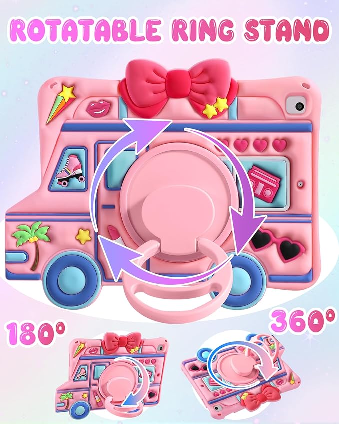 for iPad 6th/5th Generation Case, Air 1st/Air 2nd, for iPad Pro 9.7 Inch Case - for Girls Cute Girly Kawaii 3D Cartoon Design with Rotating Stand Handle & Shoulder Strap Silicone Cover