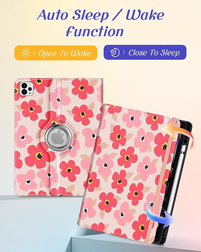 Kidcube for iPad Pro 13 Inch Case M4 2024 - Women Girls Cute Rotating Stand Folio Cover with Pencil Holder & Card Slot Kawaii Floral Flower Design for iPad Pro 13 Inch Case 2024 (A2925 A2926 A3007)
