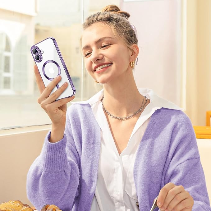 Hython Magnetic Clear for iPhone 16 Plus Case with Camera Lens Protector [Compatible with MagSafe] Luxury Plating Edge Slim Soft TPU Cover Protective Phone Case for iPhone 16 Plus 6.7", Deep Purple