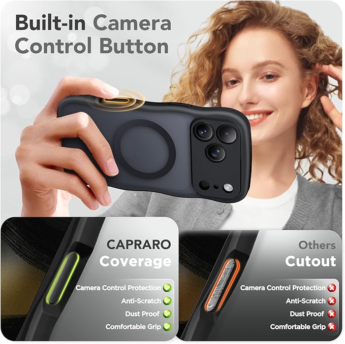 CAPRARO Magnetic for iPhone 17 Pro Case for Women Girls, Upgraded [Full Camera Protection] [Compatible with MagSafe] Cute Wave Translucent Matte Phone Case for iPhone 17 Pro, Black