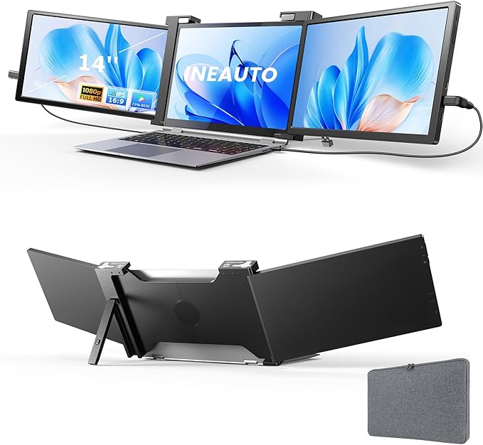 14'' Triple Laptop Screen Extender, 1080P FHD Portable Monitor for 14"-17" Laptop with USB-C/HDMI Port, Plug-Play Monitor Extender for Triple Display for Mac/Windows Remote Work & Multitasking