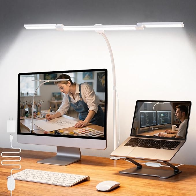 LiFMIRA LED Desk Lamp for Office Home, Adjustable 3 Head Computer Monitor Light with Clamp, Eye Caring Clip on Desk Light Stepless Dimming Architect Desk Lamp for Reading Study Workbench White