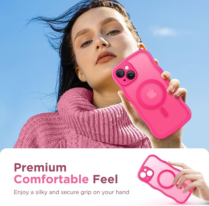 CAPRARO Cute for iPhone 15 Plus Case, Compatible with MagSafe, [Curly Wave Edge] [Full Camera Protection] [14 FT Drop Protection] Magnetic Phone Case for 15 Plus 6.7 Inch, Hot Pink