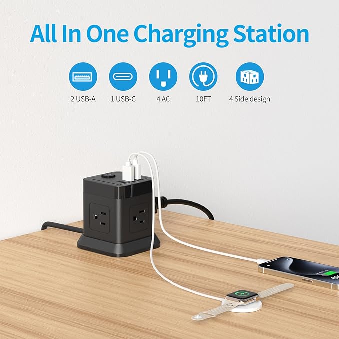 Power Strip with USB C, FDTEK Flat Plug Extension Cord with 4 Outlets and 3 USB Ports 10 FT Desk Power Strip Cube Overload Protection Compact Portable for Travel Home Office Cruise Ship - Black