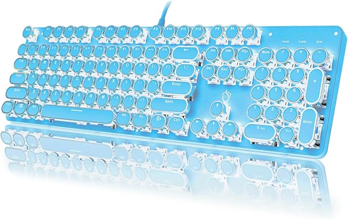 YSCP Typewriter Style Mechanical Gaming Keyboard White Backlit Wired with Blue Switch Retro Round Keycap 104 Keys Keyboard (Blue)