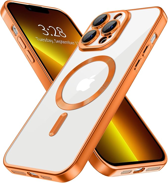 Hython Magnetic Clear for iPhone 13 Pro Max Case with Camera Lens Protector [Compatible with MagSafe] Plating Edge Slim Soft TPU Cover Protective Phone Case for iPhone 13 Pro Max 6.7", Matte Orange