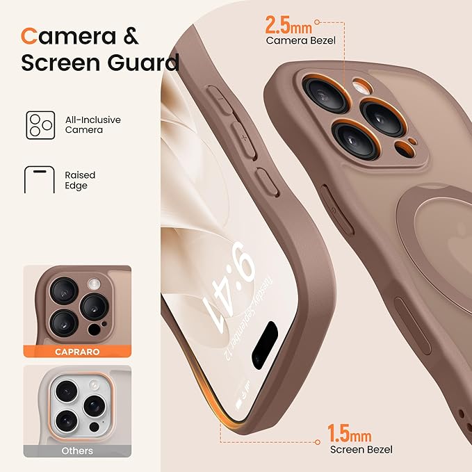 CAPRARO for iPhone 16 Pro Max Case with 360° Spin Magnetic Stand for Women, [Compatible with MagSafe] [Full Camera Protection] Cute Wave Translucent Matte Case for iPhone 16 Pro Max, Brown