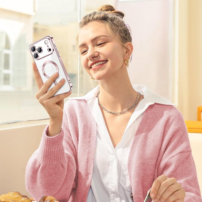 Hython Magnetic Clear for iPhone 17 Pro Case with Camera Lens Protector [Compatible with MagSafe] Luxury Plating Edge Slim Soft TPU Cover Protective Phone Case for iPhone 17 Pro 6.3", Pink