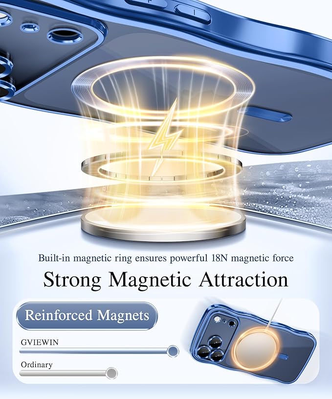 GVIEWIN for iPhone 17 Pro Max Case Compatible with MagSafe, Upgraded [Full Camera Protection][Cute Wave Frame][Military Grade Protection] Electroplated Hard Phone Cover for Women Girl, Clear/Blue