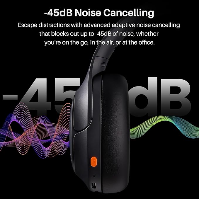 TOZO HT3 Hybrid Noise Cancelling Headphones, 90H Battery Life Wireless Over Ear Bluetooth 6.0 Foldable Headset, AI Voice Assistant with 5 Mics, Connect 2 Devices & Hi-Res Sound, 32 Audio EQ, with Case