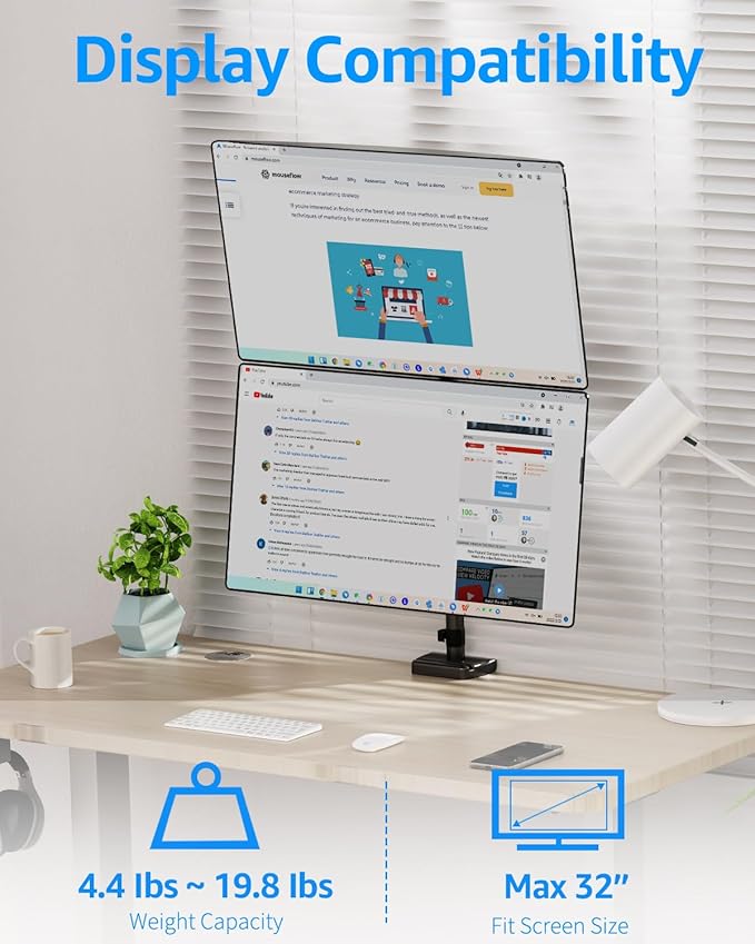 MOUNTUP Vertical Dual Monitor Mount Holds 4.4-17.6lbs, up to 32 Inch Stacked Monitor Mount with Gas Spring Arm with Clamp/Grommet Base Dual Monitor Stand for Desk, VESA 75x75/100x100 MU6012A
