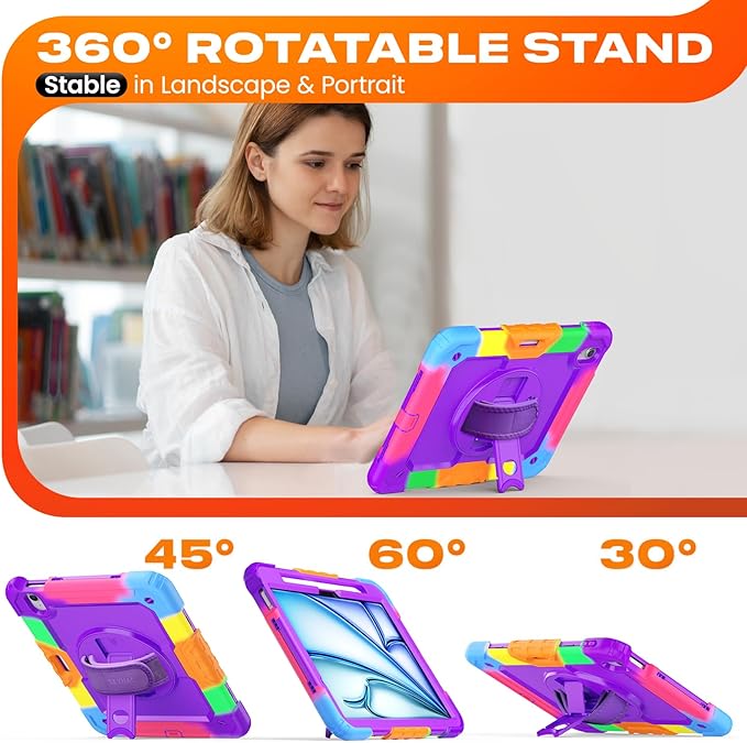 SEYMAC stock Case for iPad Air 11-inch M4-M2 2026-2024 (Gen 8-6), Shockproof Heavy Duty Case with Screen Protector, Pencil Holder, Rotating Stand, Hand Strap, Shoulder Strap, Purple
