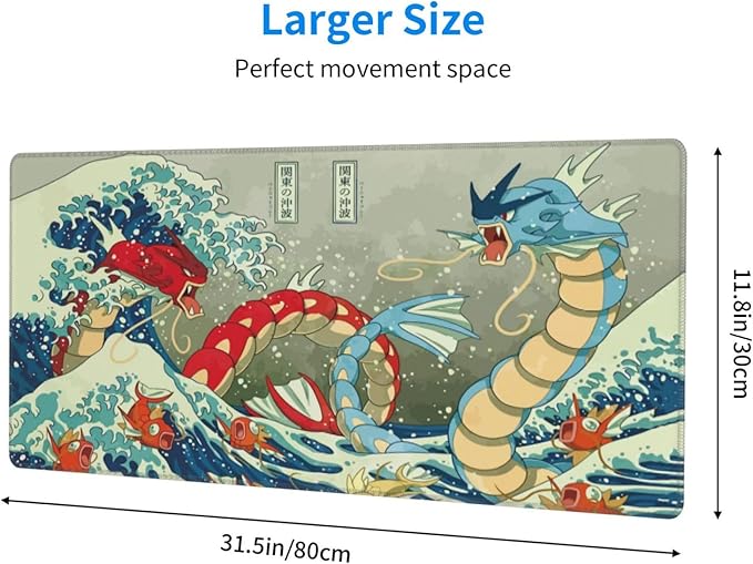 Large Gaming Mouse Pad,Japanese Ukiyoe Anime Dragon Mousepad,Stitched Edges,Non-Slip Rubber Base,Long Extended Desk Mouse Mat(31.5"x12")