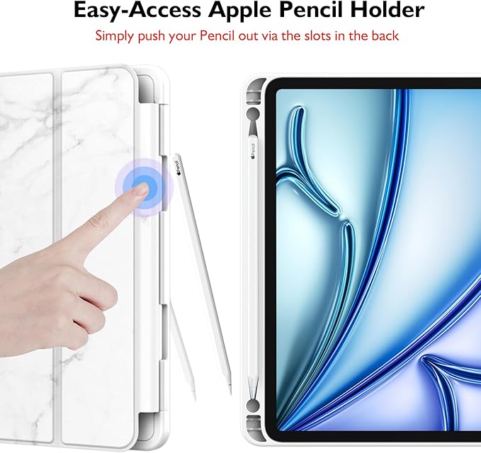 iMieet iPad Air 11 Inch Case M4/M3/M2(2026/2025/2024), iPad Air 5th/4th Generation Case 2022/2020 10.9 Inch with Pencil Holder,Trifold Stand Smart Case with Soft TPU Back(New Marble White)